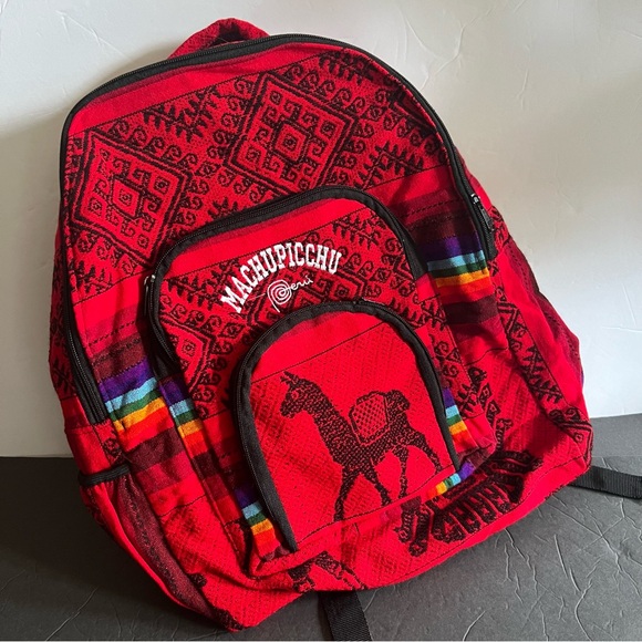 Backpack Machu Picchu Alpaca Lama Handwoven Red - Picture 3 of 12